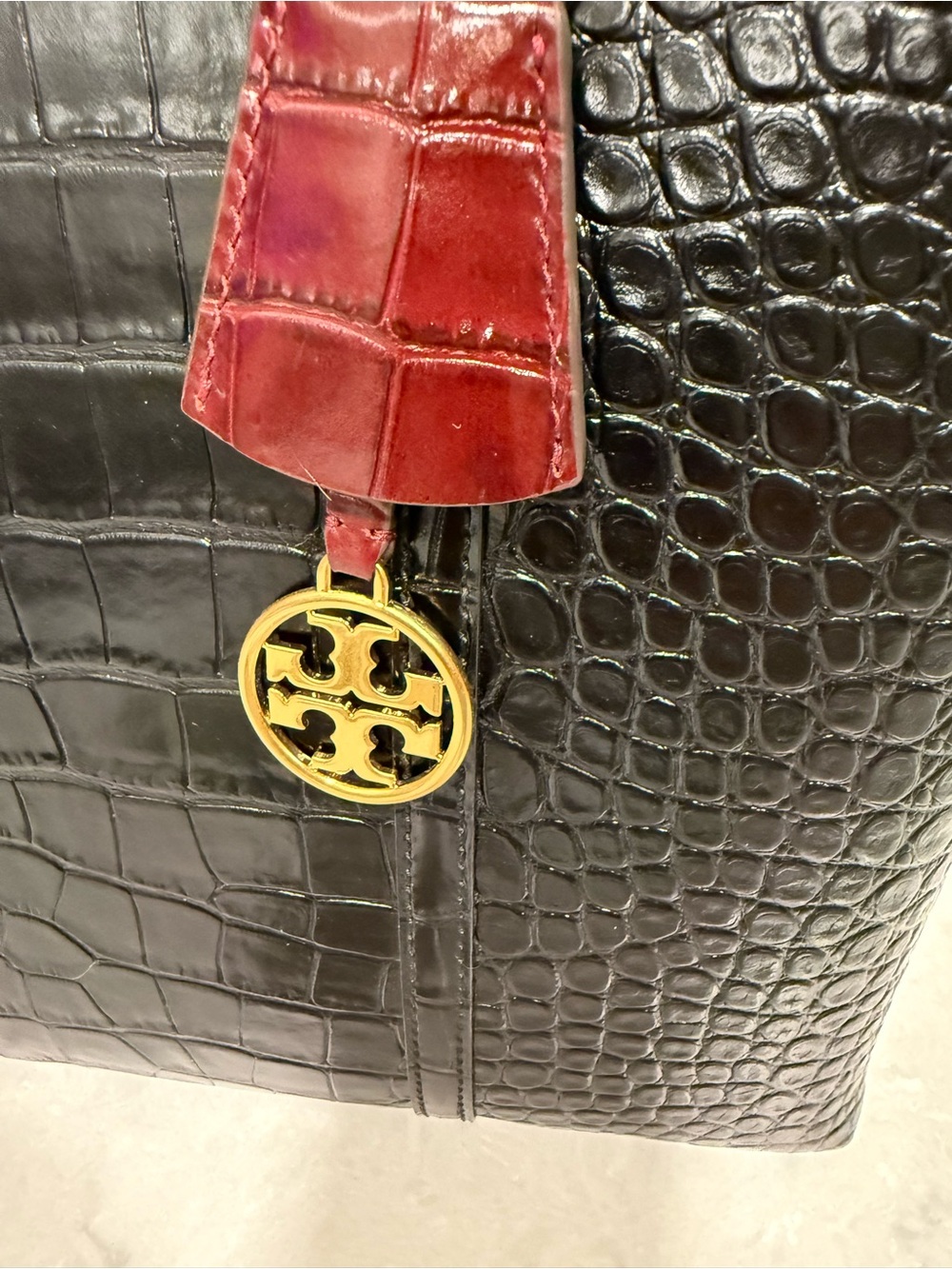 Tory Burch Perry Croc Embossed Leather Triple Compartment Tote Black - Picture 2 of 5